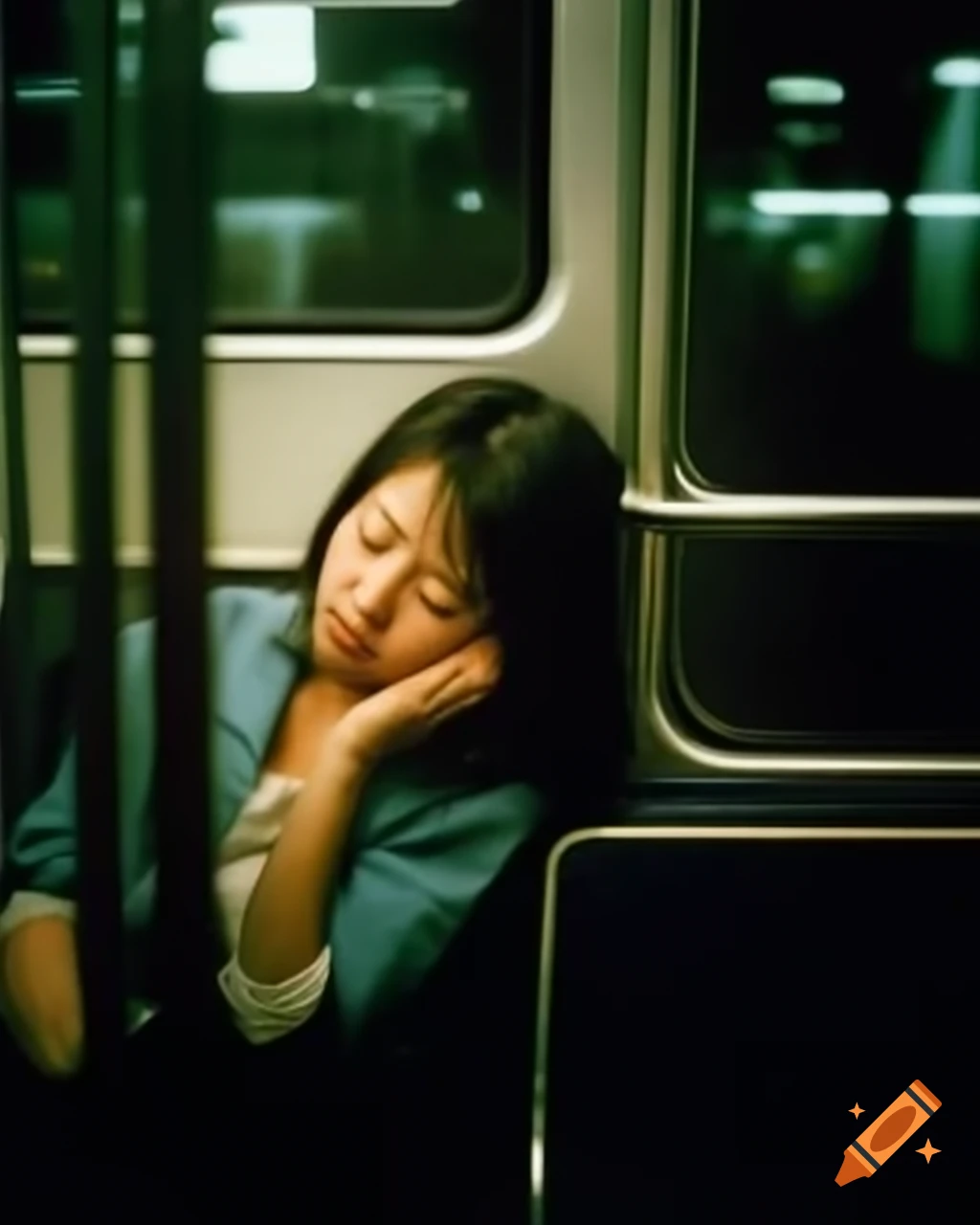 Vintage photo of a girl in distress sleeping in Tokyo metro with people focused on smartphones