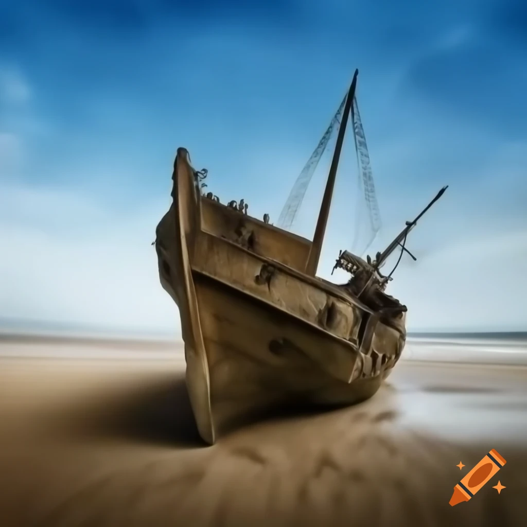 Wooden shipwreck partially buried on sandy beach, Thomas Kinkade style