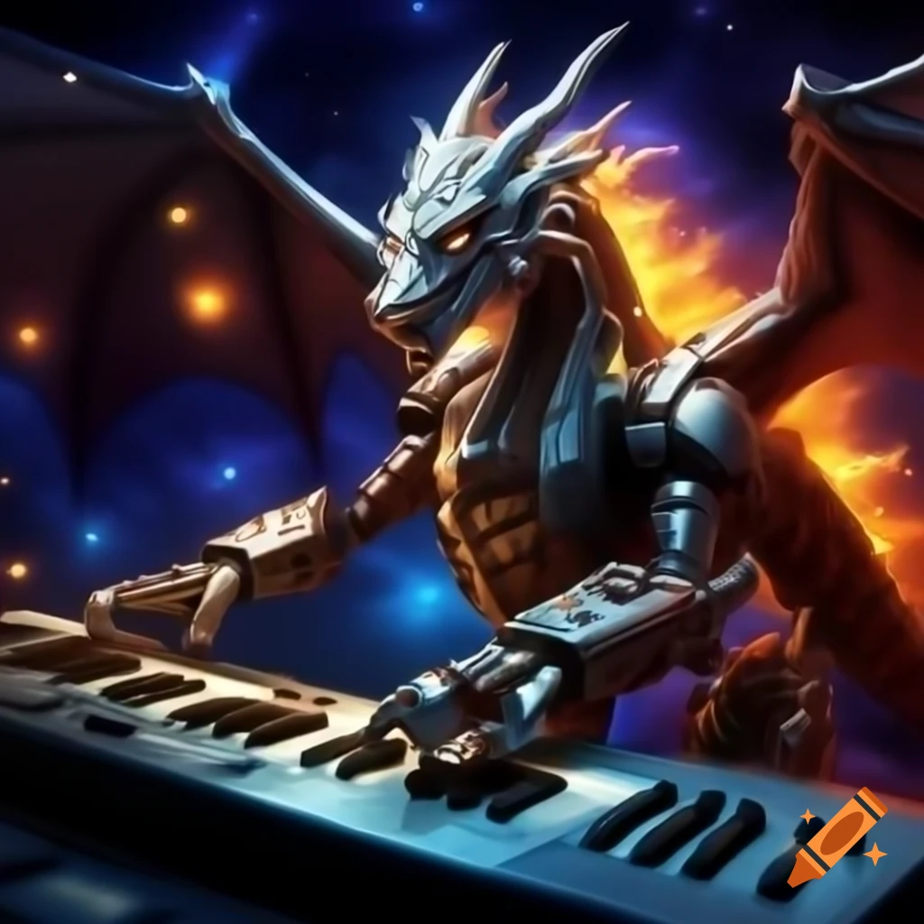 Cosmic robot dragon playing synthesizer in starry space
