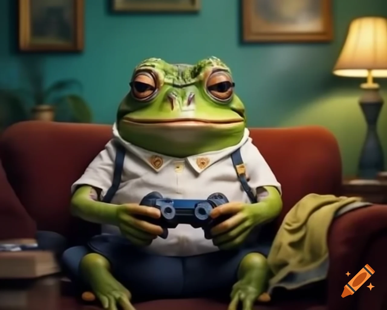 Anthropomorphic frog in living room playing Playstation 5