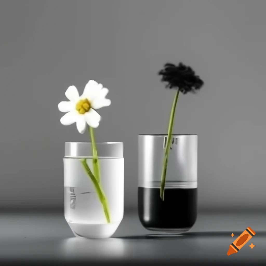 Black and white flowers in contrasting glass water