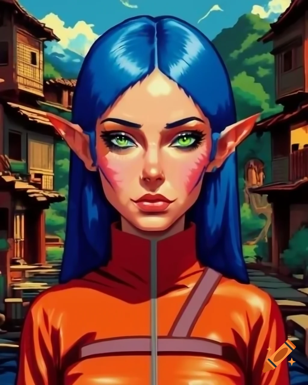 Retro pixel art portrait of blue-haired demi-elf in nomad village, Naruto style