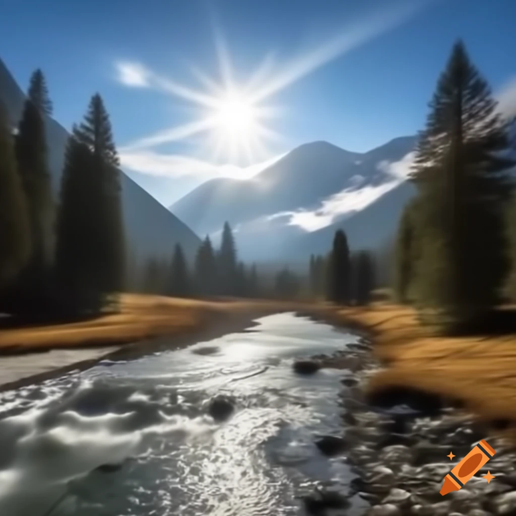 Snowy Alps mountains with sun shining on trees and river flowing through foggy terrain