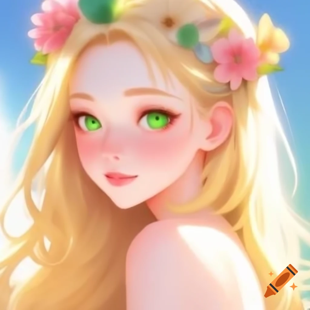 Anime-style portrait of woman with flower crown and serene expression