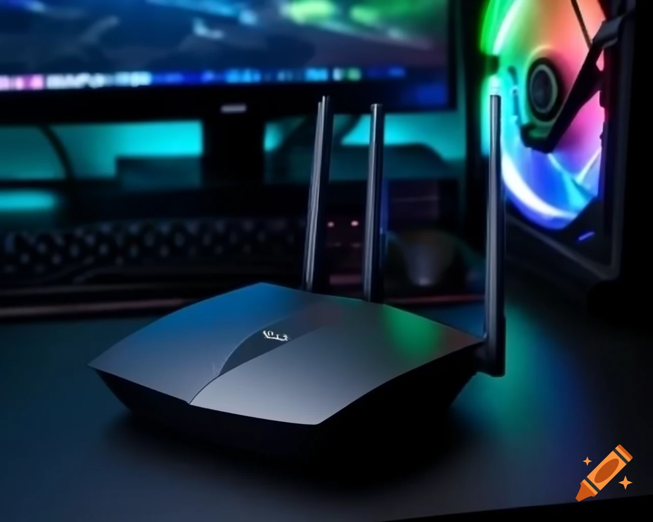 Internet router with WLAN antennas beside gaming PC