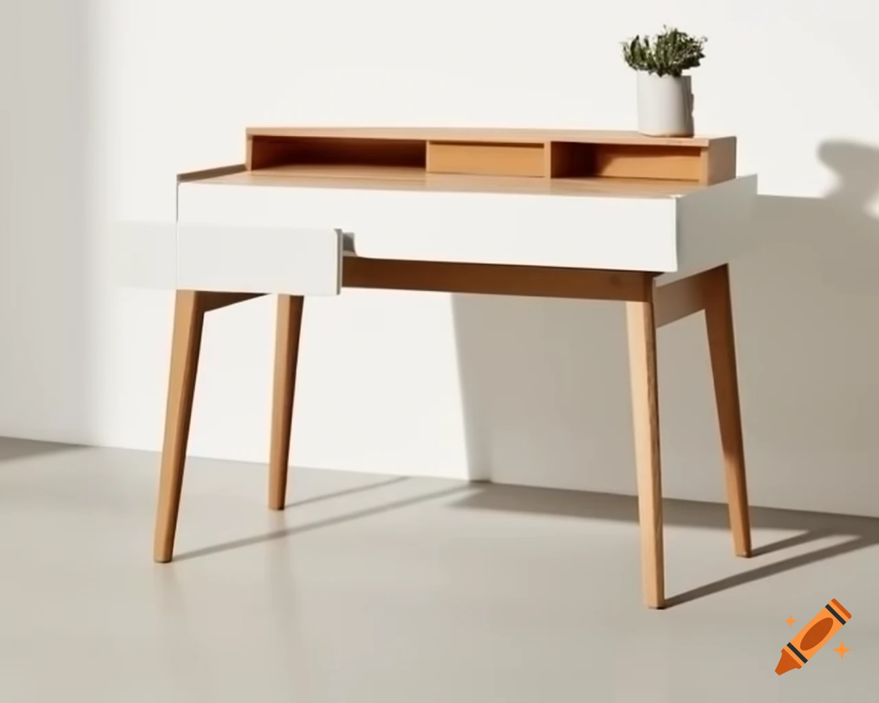 Minimalist desktop table with white wood drawer and tan brown accents