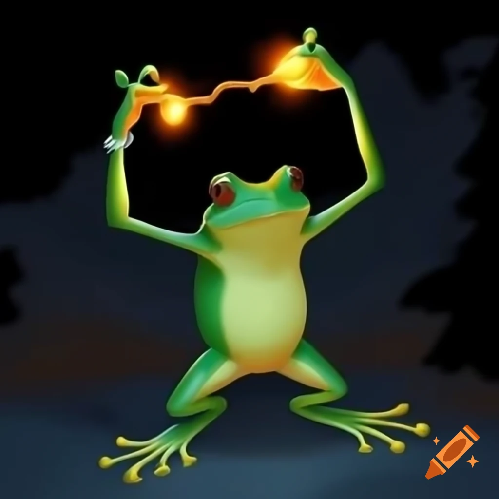 Humanlike frog casting chain lightning spell in comic style