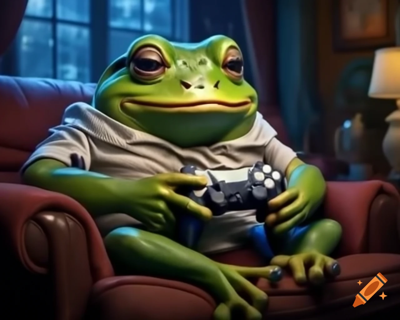 Anthropomorphic frog in living room playing Playstation 5