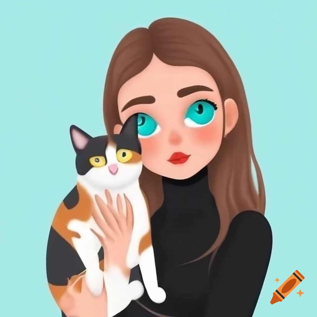 Brunette girl with turquoise eyes holding a calico cat in Siberia