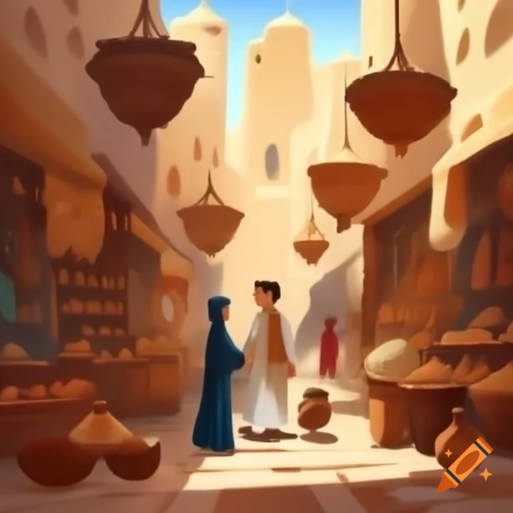 Young couple in love in vibrant Arabian market with historic architecture