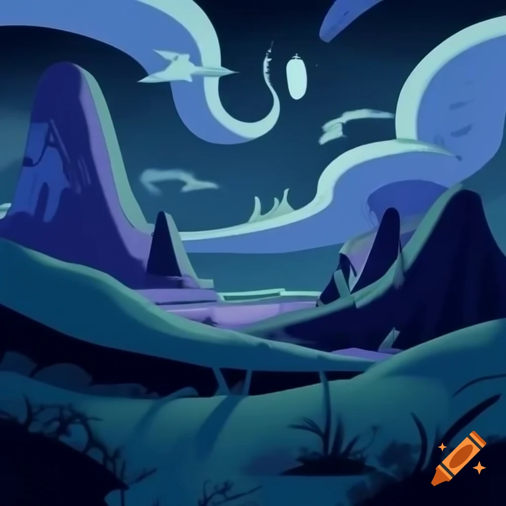 Surreal nighttime mountain landscape for epic camping adventure in Adventure Time style