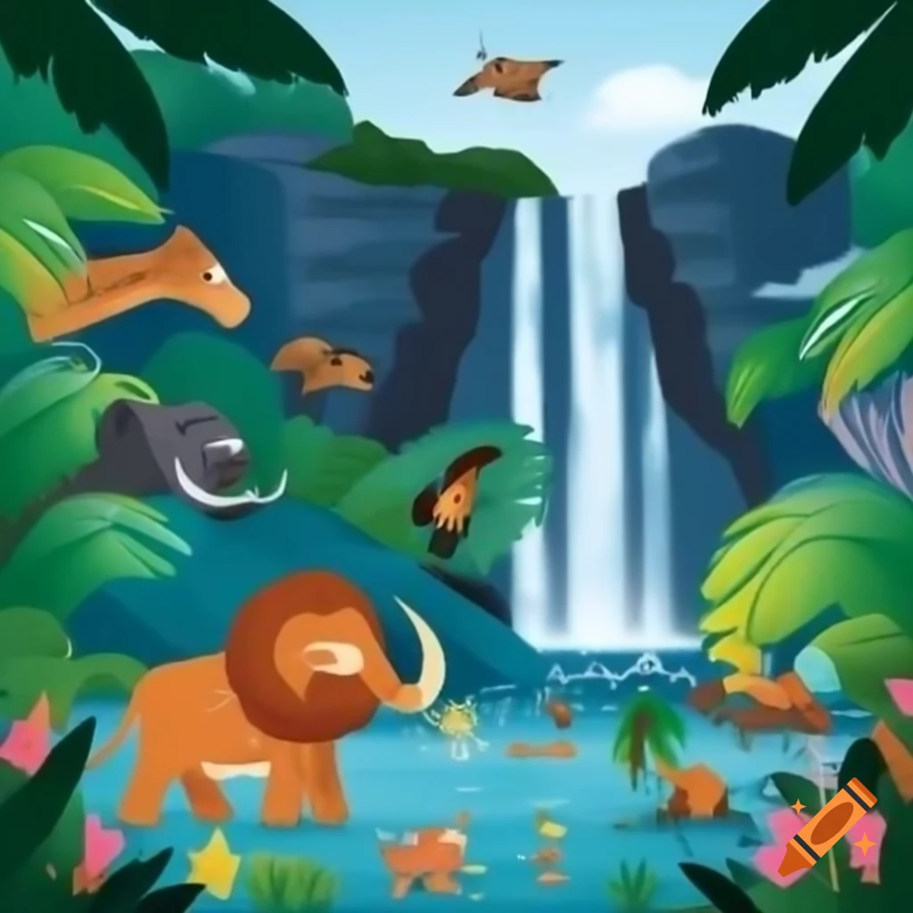 Rainforest scene featuring tropical animals and a waterfall