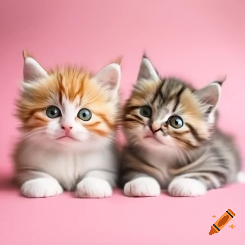 Fluffy cute kittens on pink background