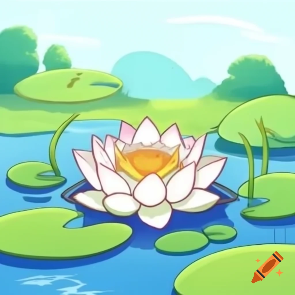 Elementary school drawing of lotus in pond with houses, trees, and bushes
