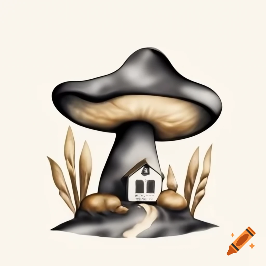 Watercolor mushroom house in soft black and gold storybook style