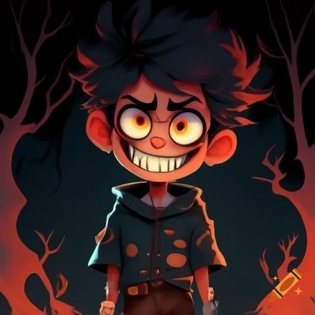 Cartoon of mischievous boy with spiky hair and dark cape