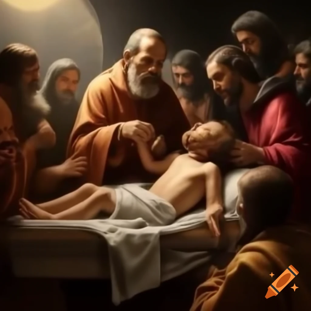 Jesus healing a child by placing hands on their head