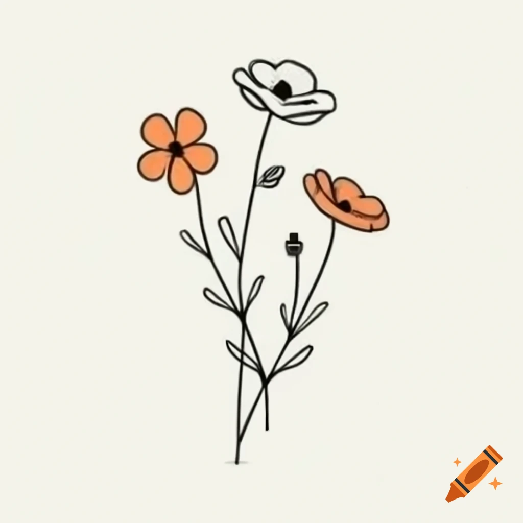 Minimalist black line drawing of cosmos flowers and branches in orange and green
