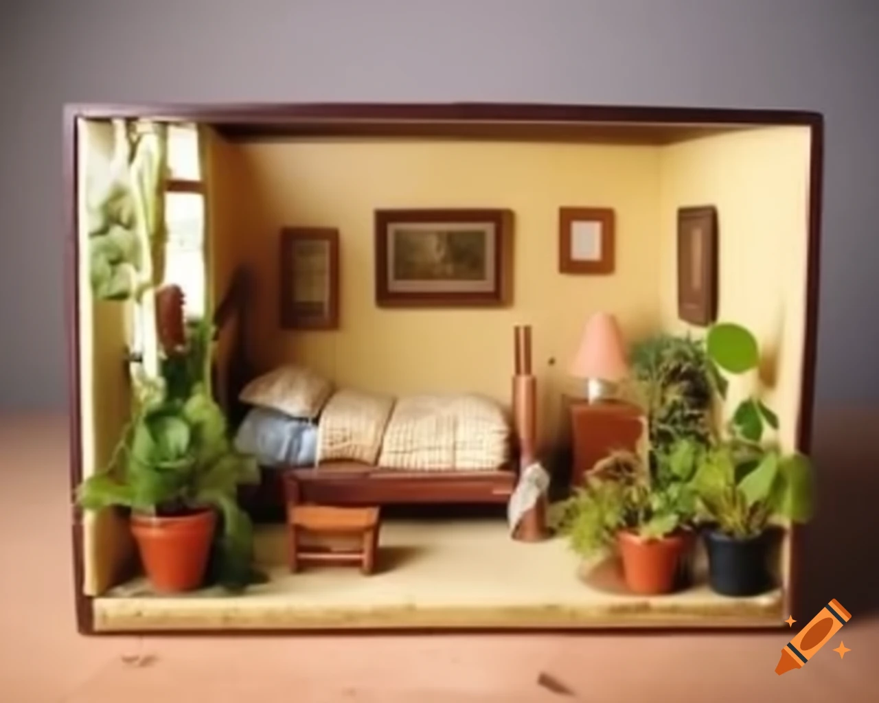 Miniature diorama of a bedroom featuring potted plants