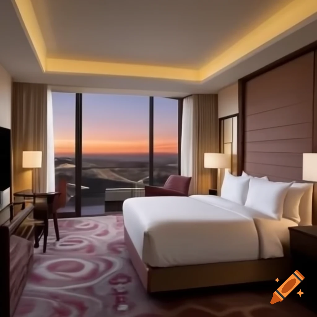 Luxurious hotel room with elegant design and city skyline view at sunset