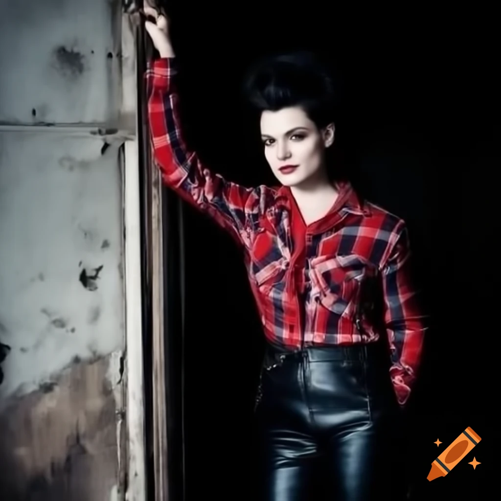 Punk rocker with mohawk hairstyle in plaid shirt and leather trousers peeking through