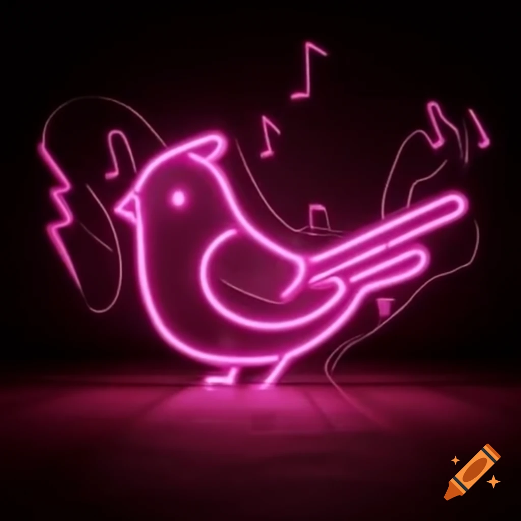 Neon sign of canary bird with lightning bolt and music notes