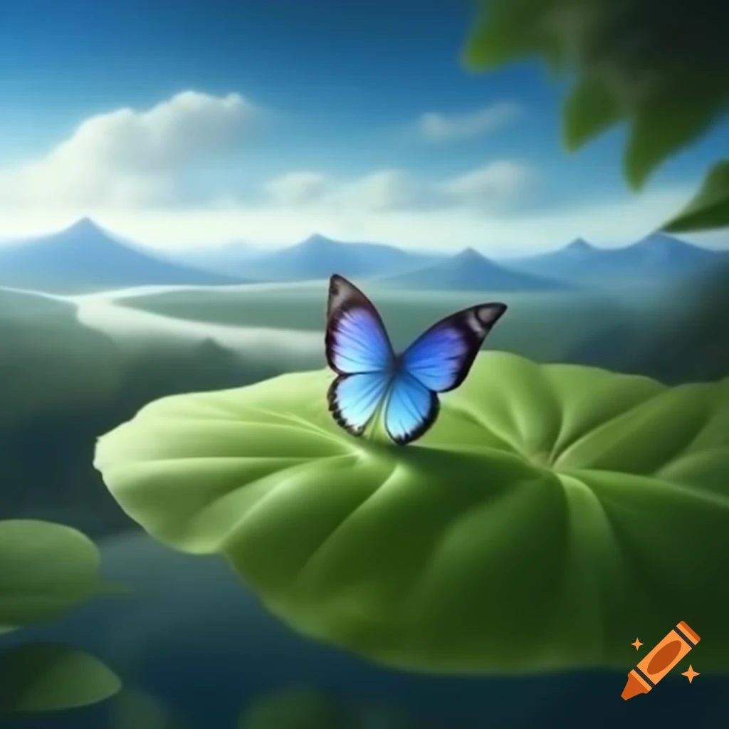Butterfly on leaf gazing towards horizon with dreamy expression