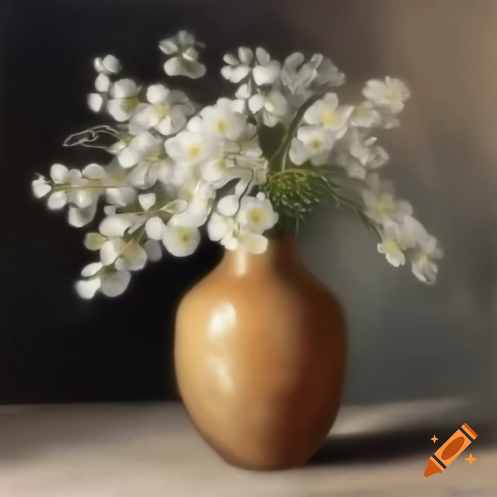 Tan vase with white flowers in rustic painting style