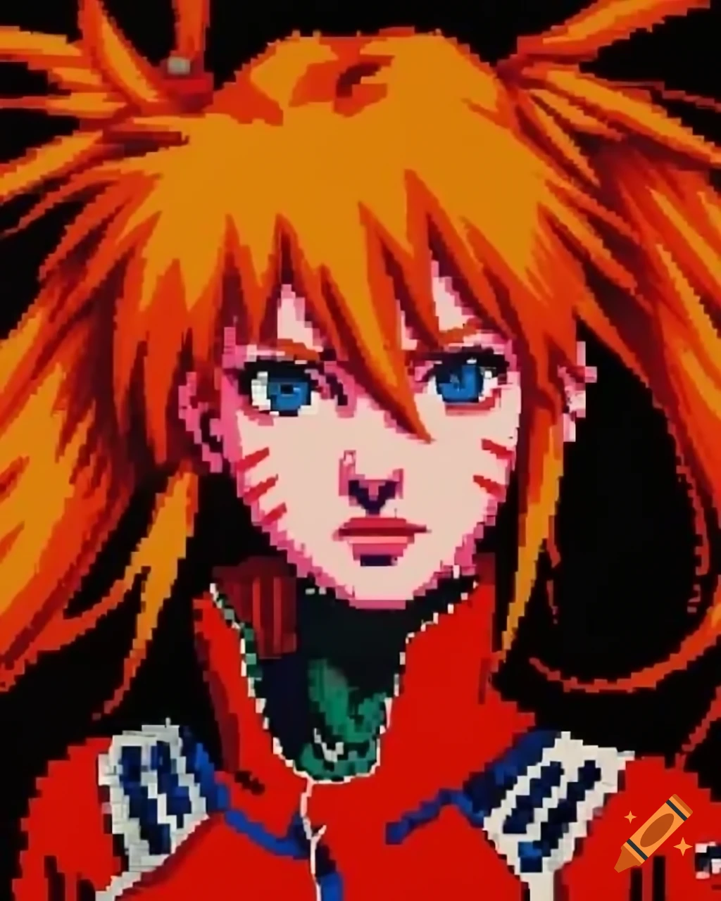 Retro pixel art portrait of Asuka Langley in a nomad village, Naruto style