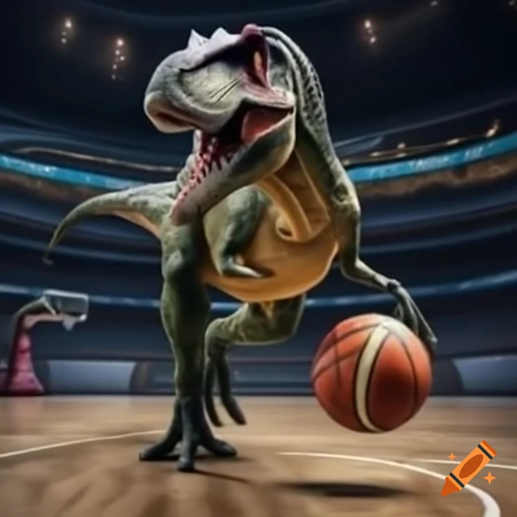 Dinosaur dancing in the middle of a basketball court