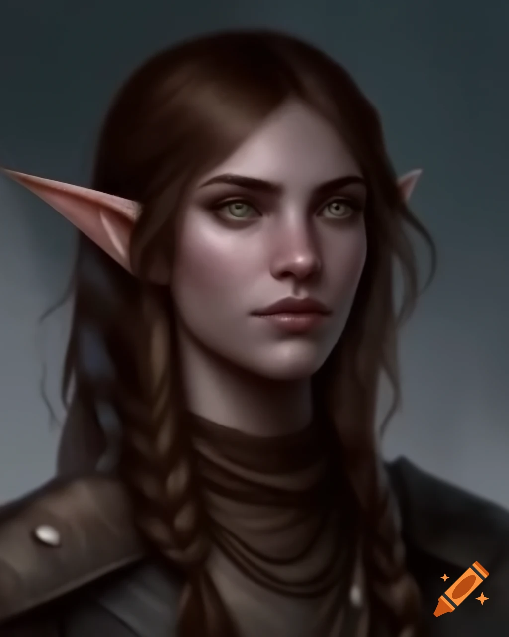 Half-elven archer with brown hair and eyes wearing leather and chain armor