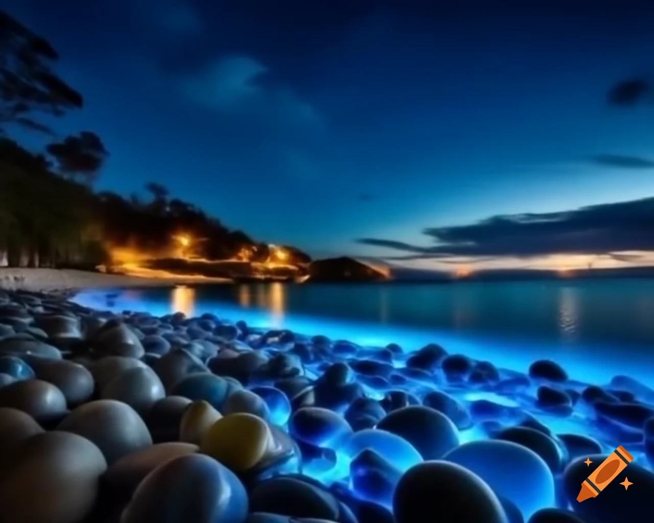 Crystal clear beach in Australia at night with luminous stones and water reflections