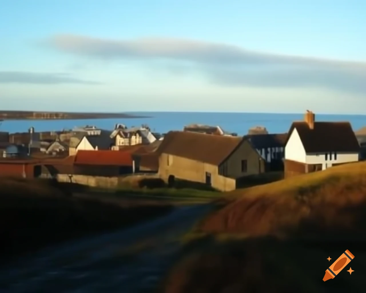 Frostholm, Norsholl city with stone and timber houses near the sea