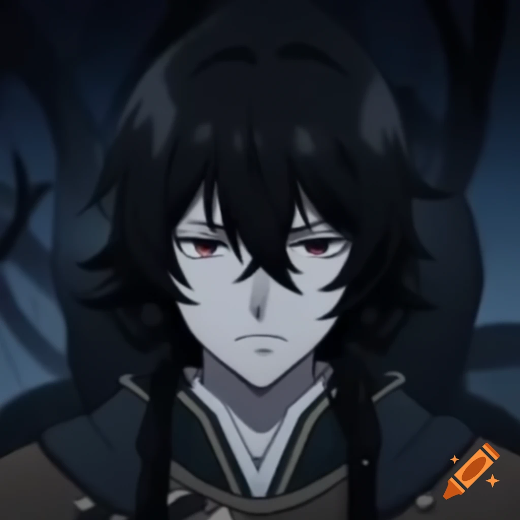 Somber 15-year-old prince in medieval attire with dark background, anime style