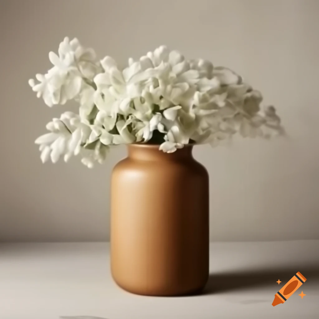 Tan vase with white flowers in rustic painting style
