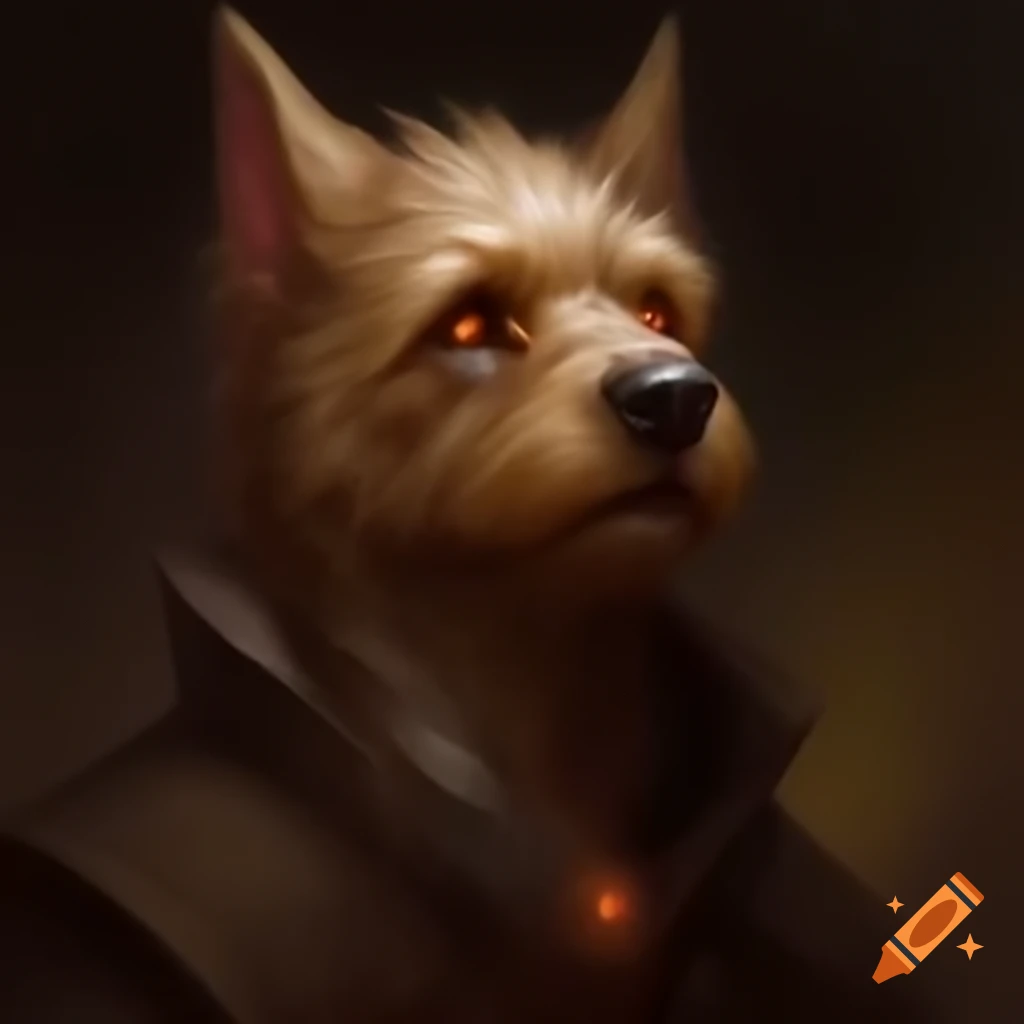 Anthropomorphic brown furry dog with glowing eyes and captivating gaze