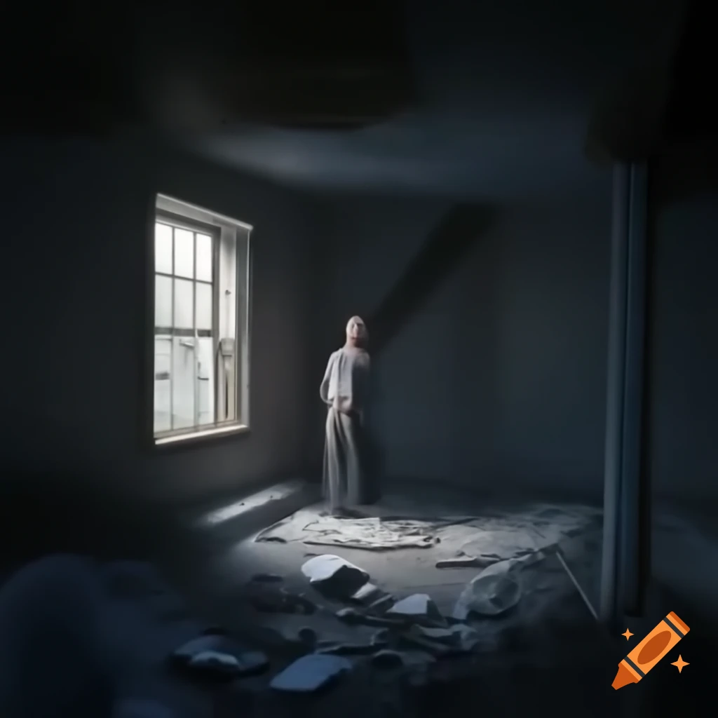 Dimly lit abandoned house interior with cobwebs and faded wallpaper