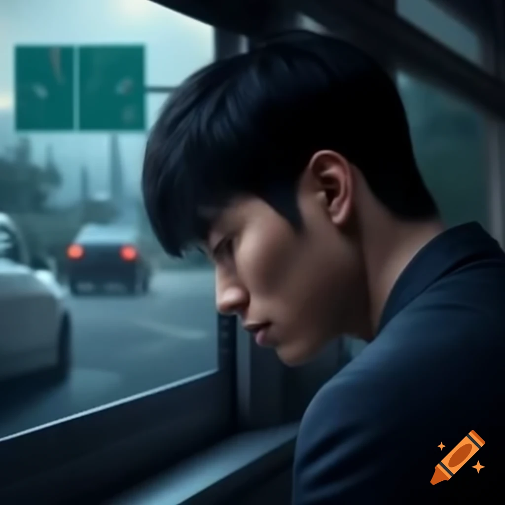 Young Asian man looking sadly at traffic from office window