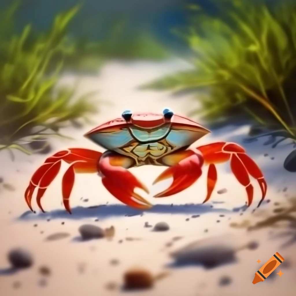 Crab walking on sandy path through vegetation, detailed oil painting