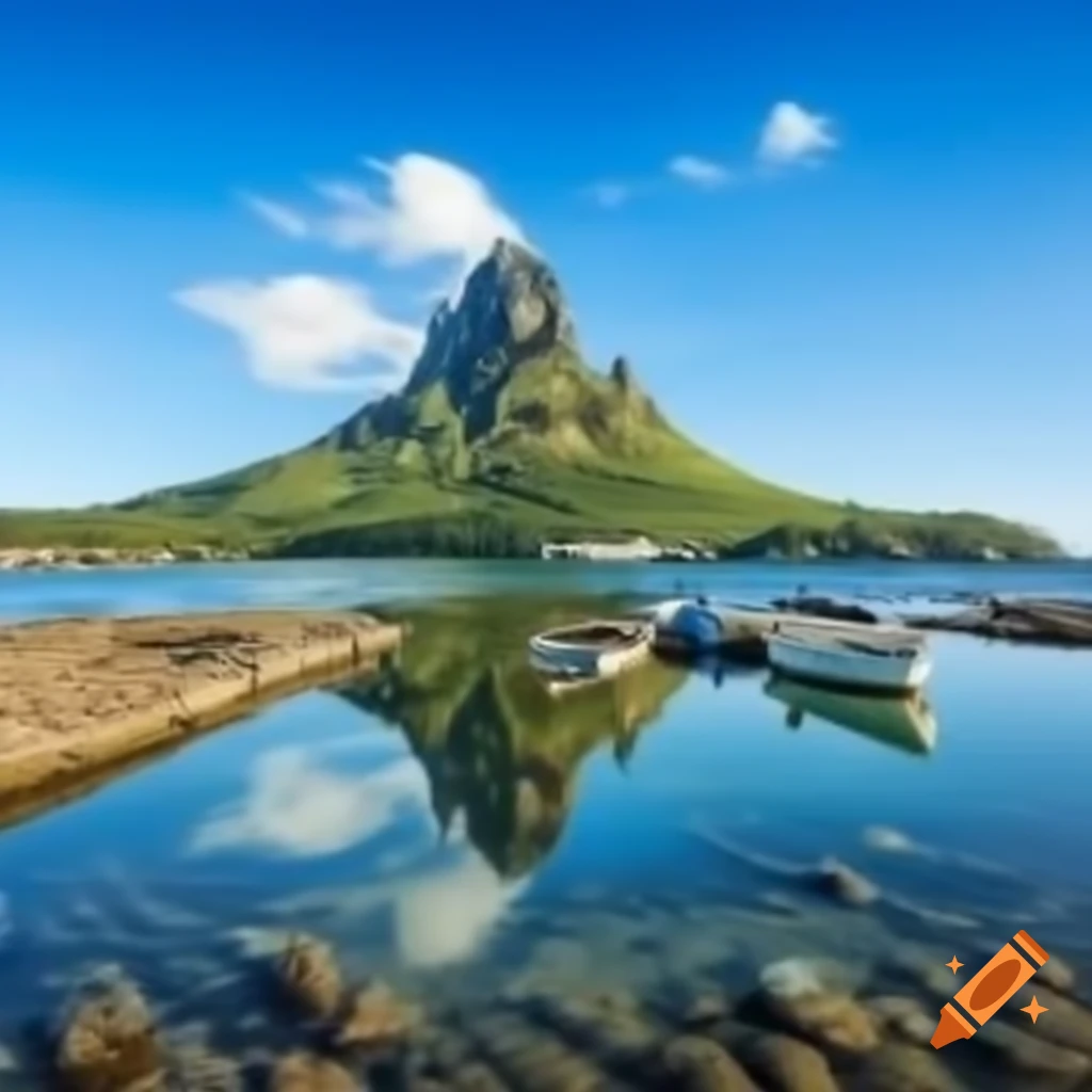 Large mountain at shore with small boats nearby