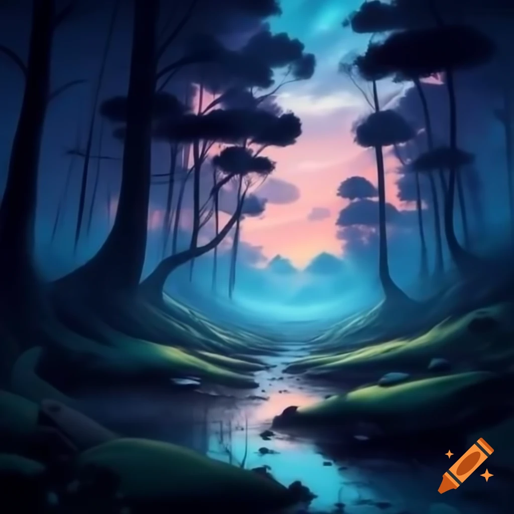 Dreamlike forest scene after dusk