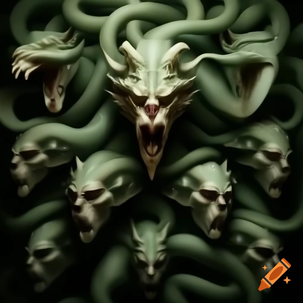 Hyper-realistic depiction of the Lernaean Hydra with multiple heads