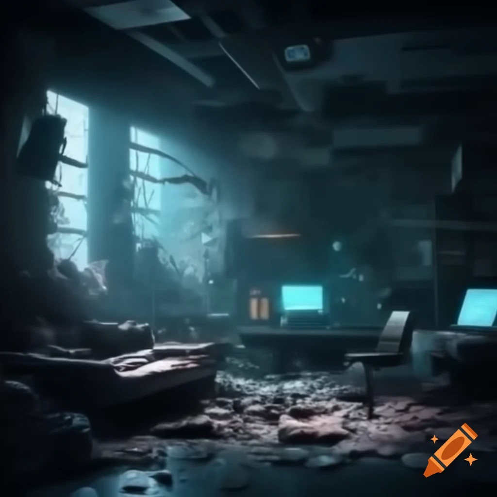 Explosion in a dystopian cyberpunk room