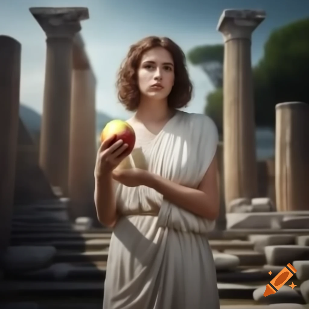 Young woman in toga in Greek temple ruins holding an apple