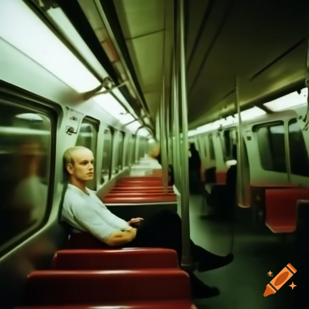 Young man observing surroundings in underground train with passengers