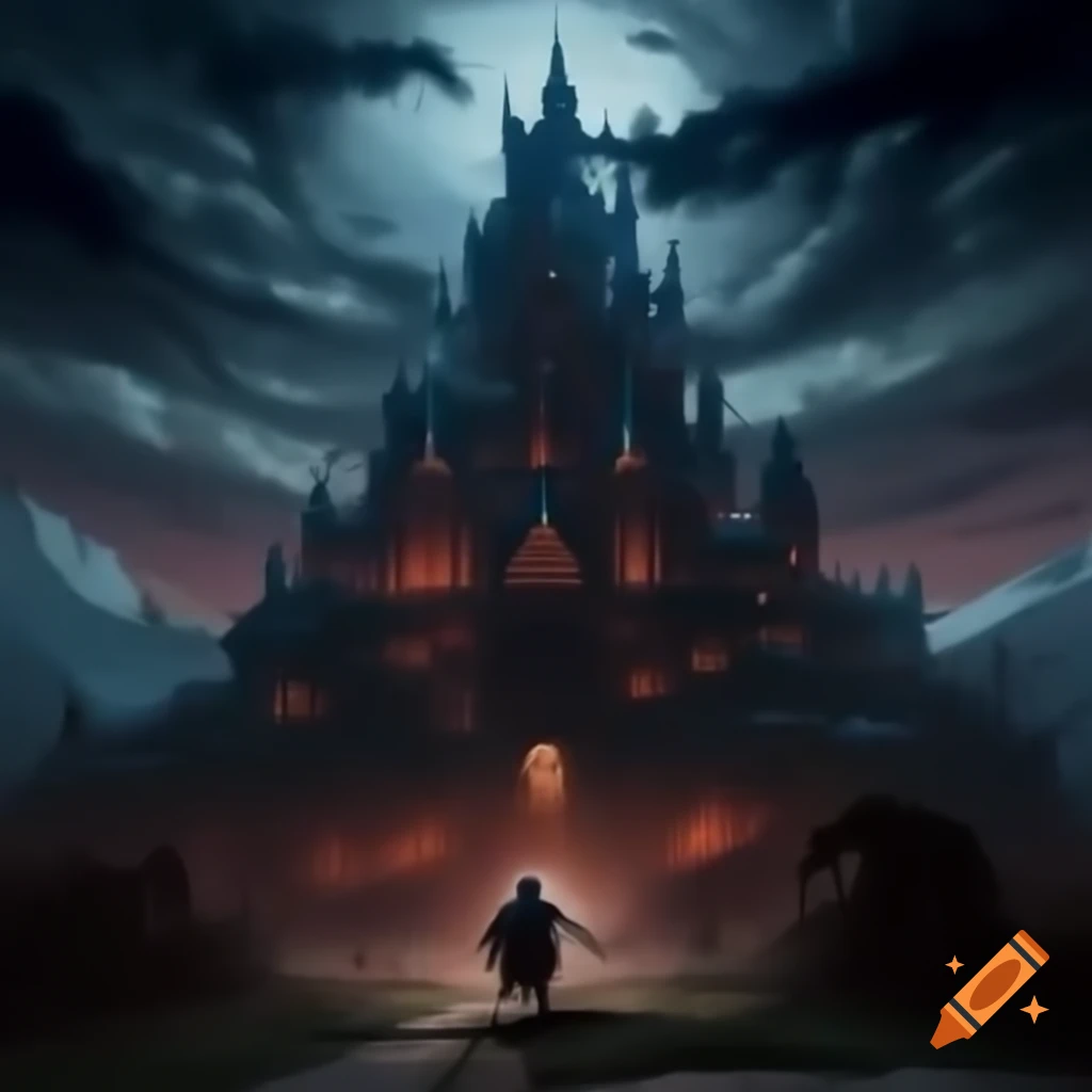 Dramatic castle in an abyss at dusk, manga style