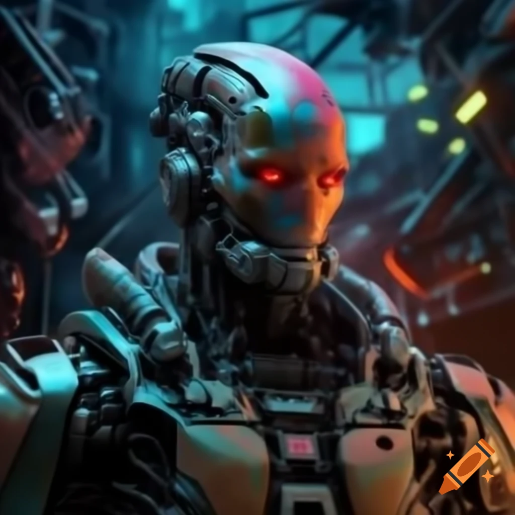 Cyborg warrior in high-tech battlefield with vibrant blue and black colors