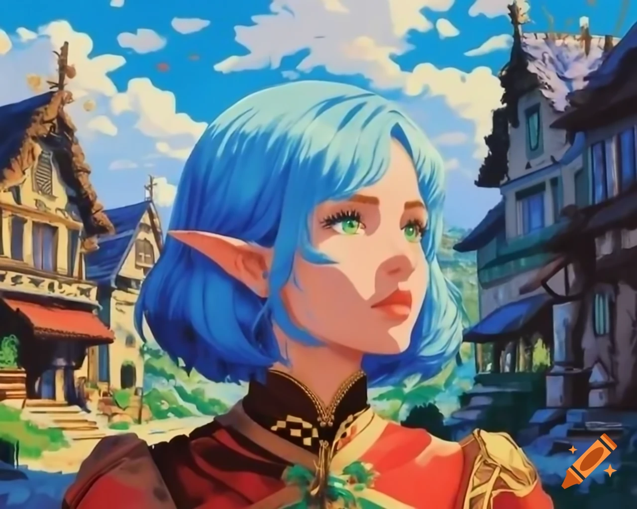 Retro impressionist pixel art of blue-haired demi-elf in nomad village