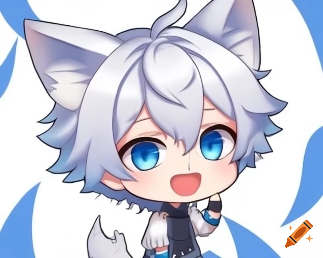 Chibi wolfboy character with blue eyes and white hair with blue-tipped wolf ears for streaming wallpaper