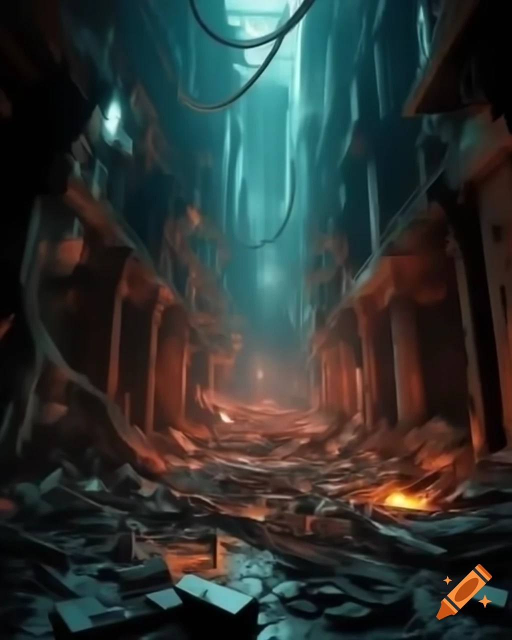 Post-apocalyptic scene depicting humanity's struggle to rebuild in a ruined world